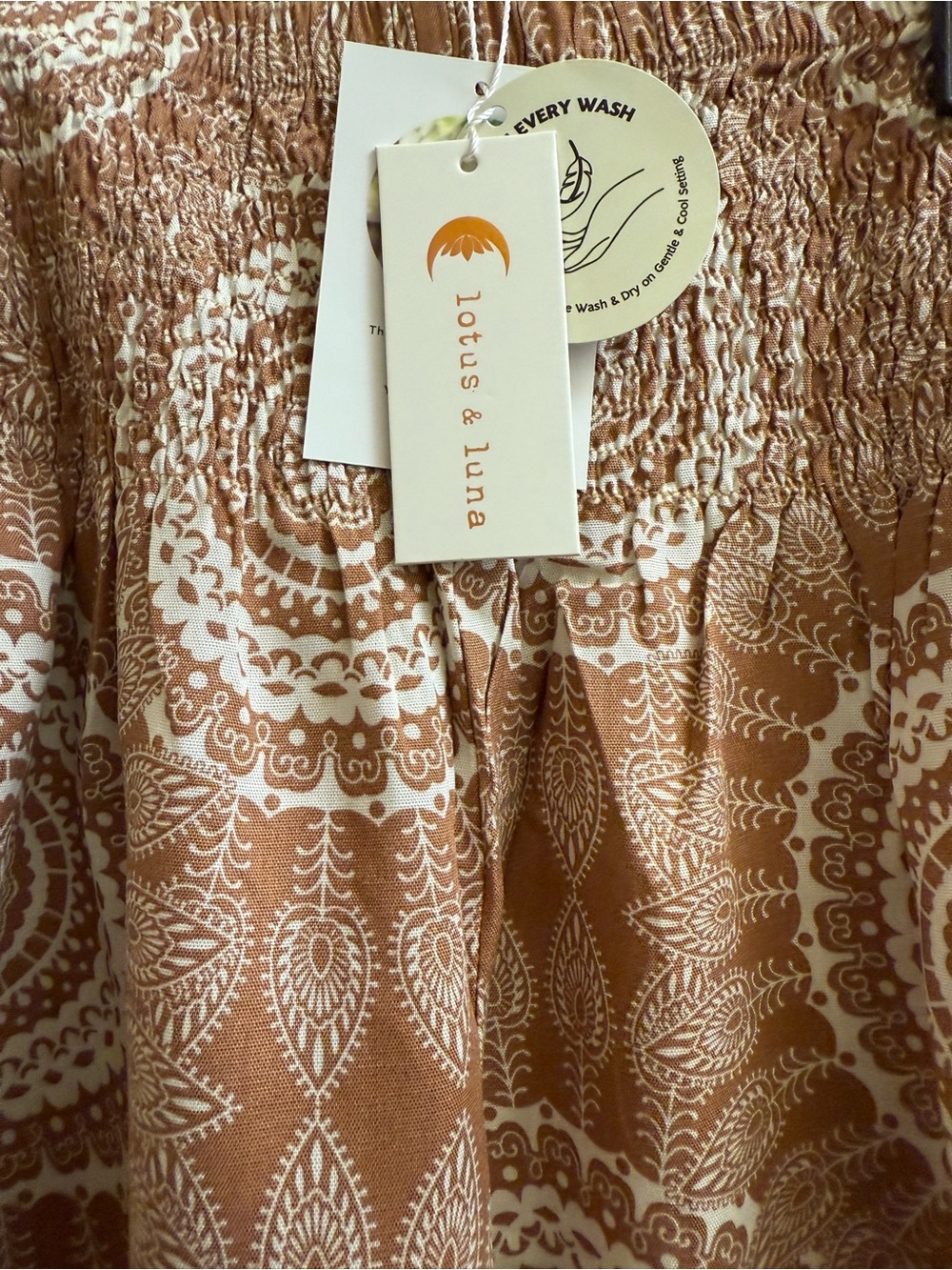 Lotus and Luna RetiredBoho Print Elastic Waist Harem Pants - Light Brown & White - Picture 2 of 5